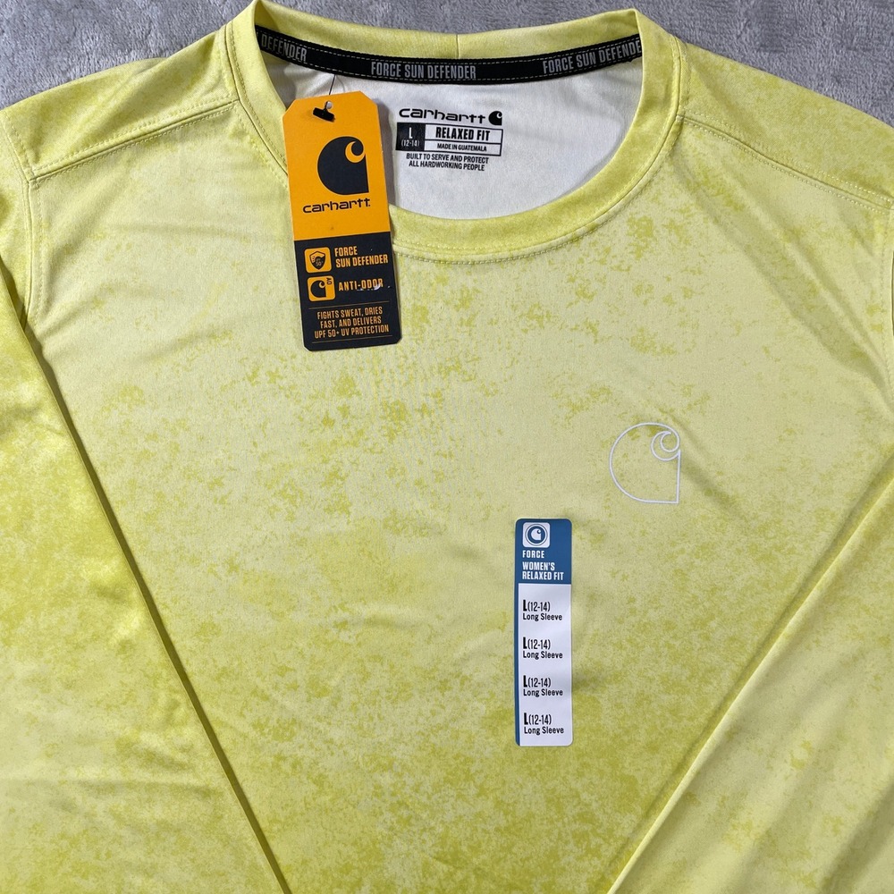 Carhartt Force Sun Defender Shirt Women Large Yellow Acid Wash Long Sleeve Light - Picture 2 of 11